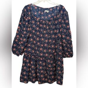 Max Studio Navy Floral Baby Doll Peasant Flowy Mini Dress SzL Navy w/Pink Flower